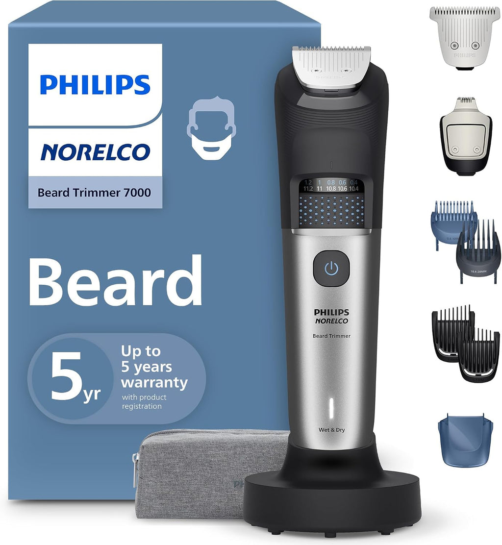 Norelco Philips Beard Trimmer 7000 Series, 100% Waterproof Trimmer for Men, 40 Lock-in Hair Length Settings, BeardSense Power Adaptability, Detail & T-Blade Trimmer Heads, Charging Stand, BT7670/40