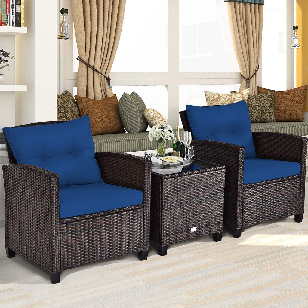 Tangkula 3 Pieces Patio Furniture Set, PE Rattan Wicker 3 Pcs Outdoor Sofa Set w/Washable Cushion and Tempered Glass Tabletop, Conversation Furniture for Garden Poolside Balcony (Blue)