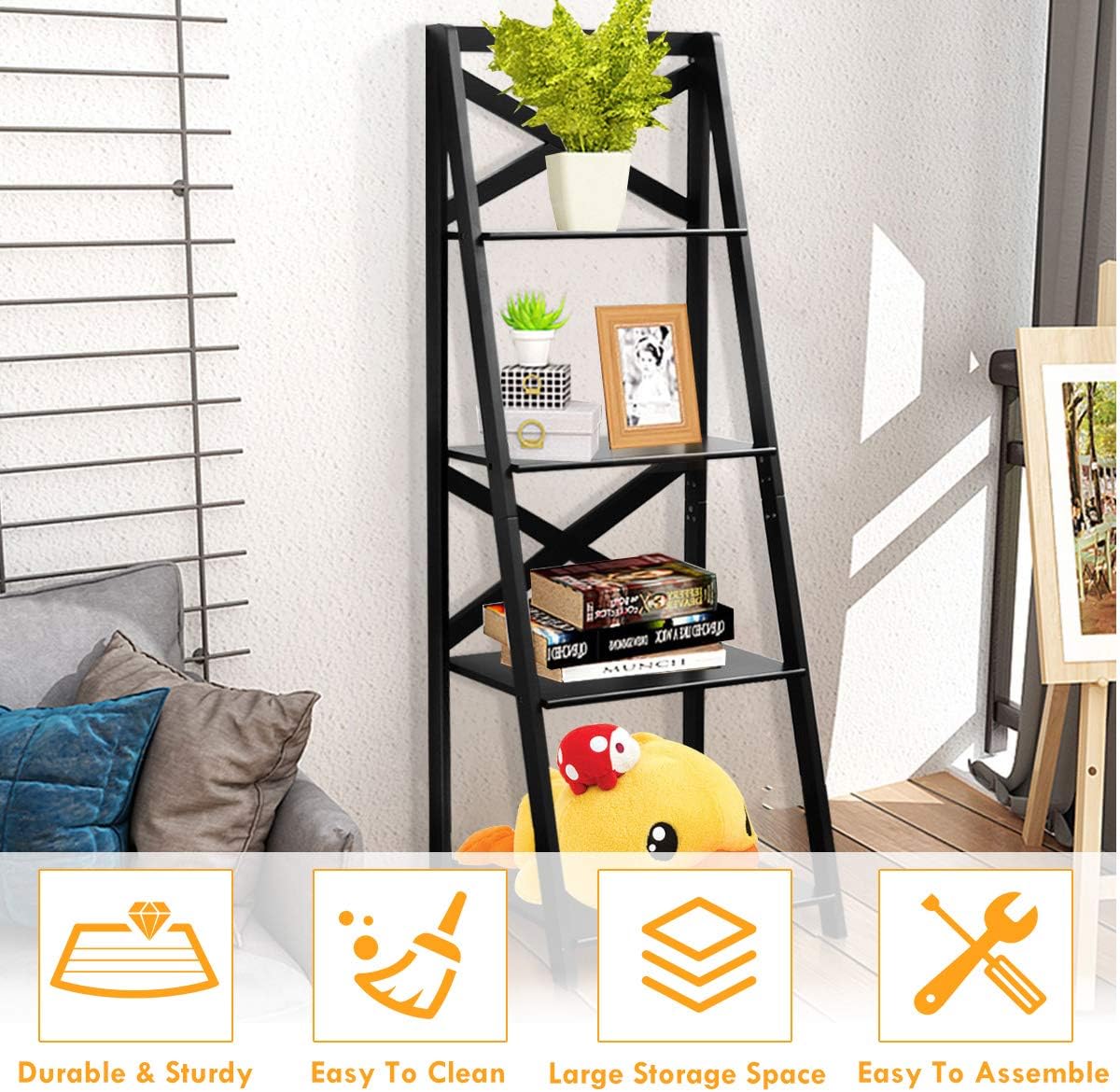 Tangkula 4-Tier Ladder Shelf Bookcase (Set of 2), Leaning Free Standing Wooden Frame Decor Bookshelf, Storage Flower Shelf, Plant Display Shelf for Home Office