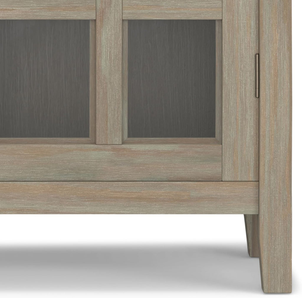 SIMPLIHOME Acadian Storage Cabinet - 39 inch Wide Solid Wood 4-Shelf Display Cabinet in Distressed Grey, Transitional Cupboard for Living Room or Dining Room with Glass Doors and Adjustable Shelves