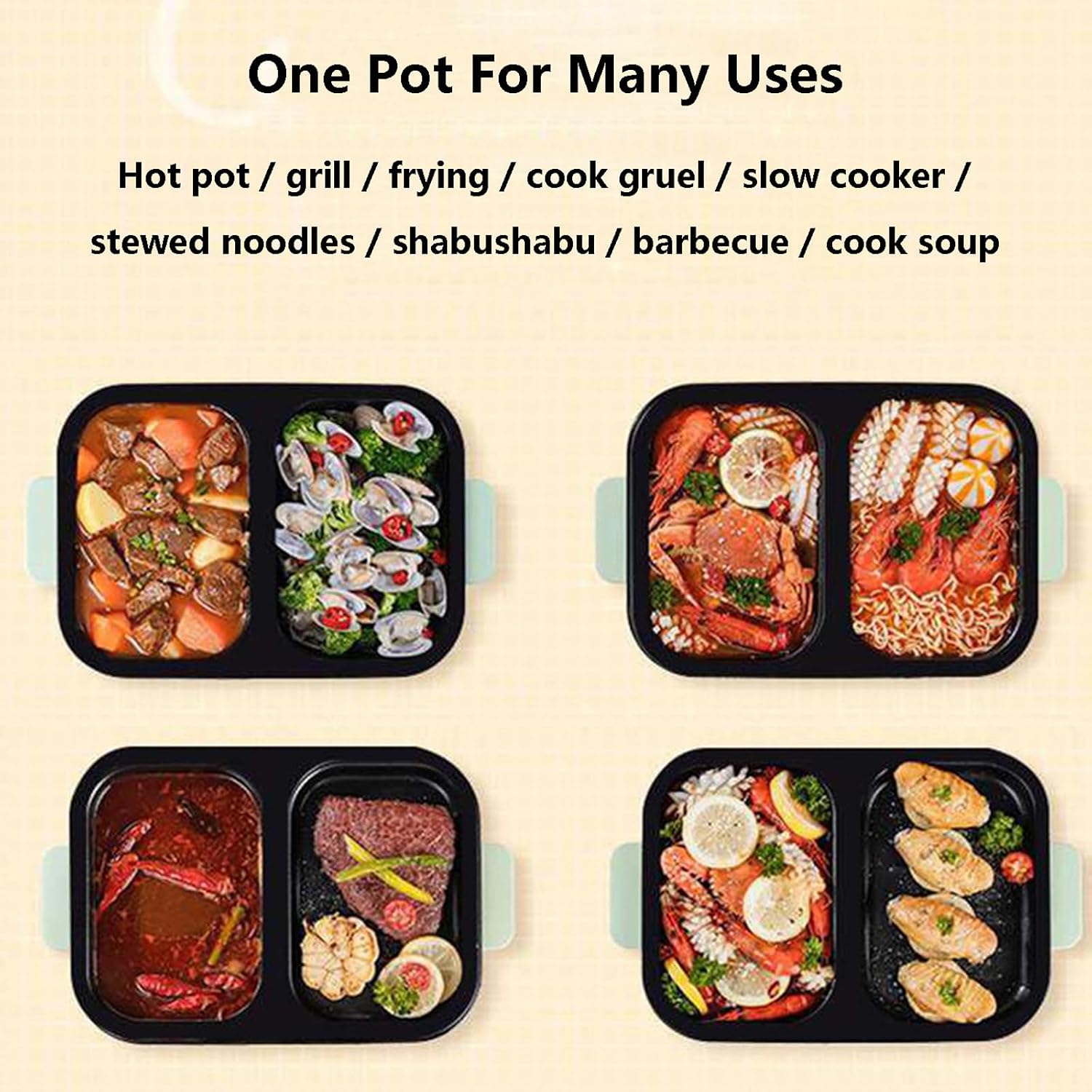 Nonstick Electric Skillets & Hot Pot 1300W Shabu Pot BBQ Plate w/3 Salad Bowls, Food Barbecue Contact Grill with Toughened Glass Cover for Stewed Noodles, Cook Soup(with Divider),green