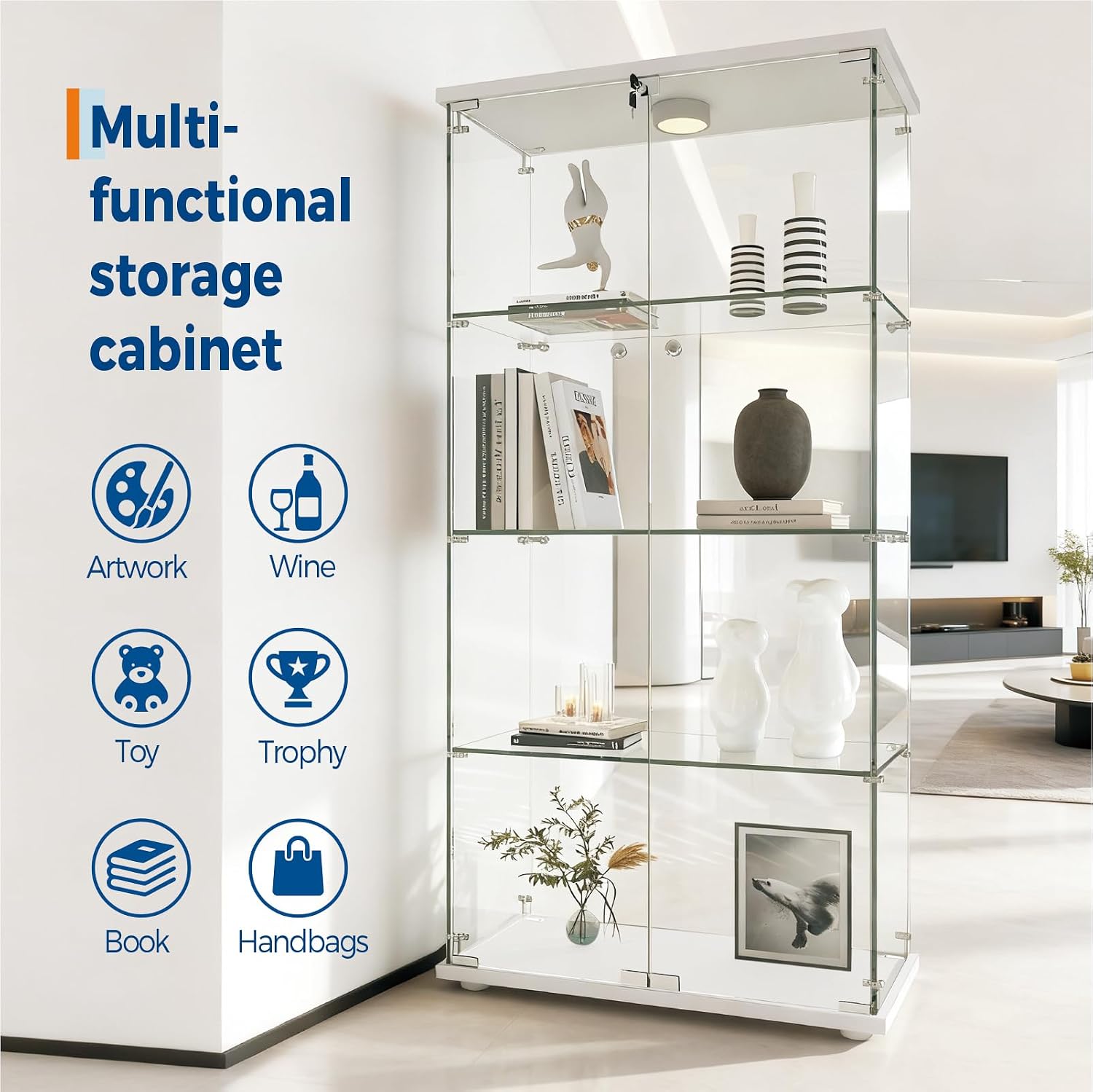 Garvee Glass Display Cabinet with LED Light, Tempered Glass Curio Collection Display Showcase with 4 Shelves and Lock, 2 Door Curio Cabinets for Living Room Bedroom Office, 64 x 31.7 x 14.3 in, White