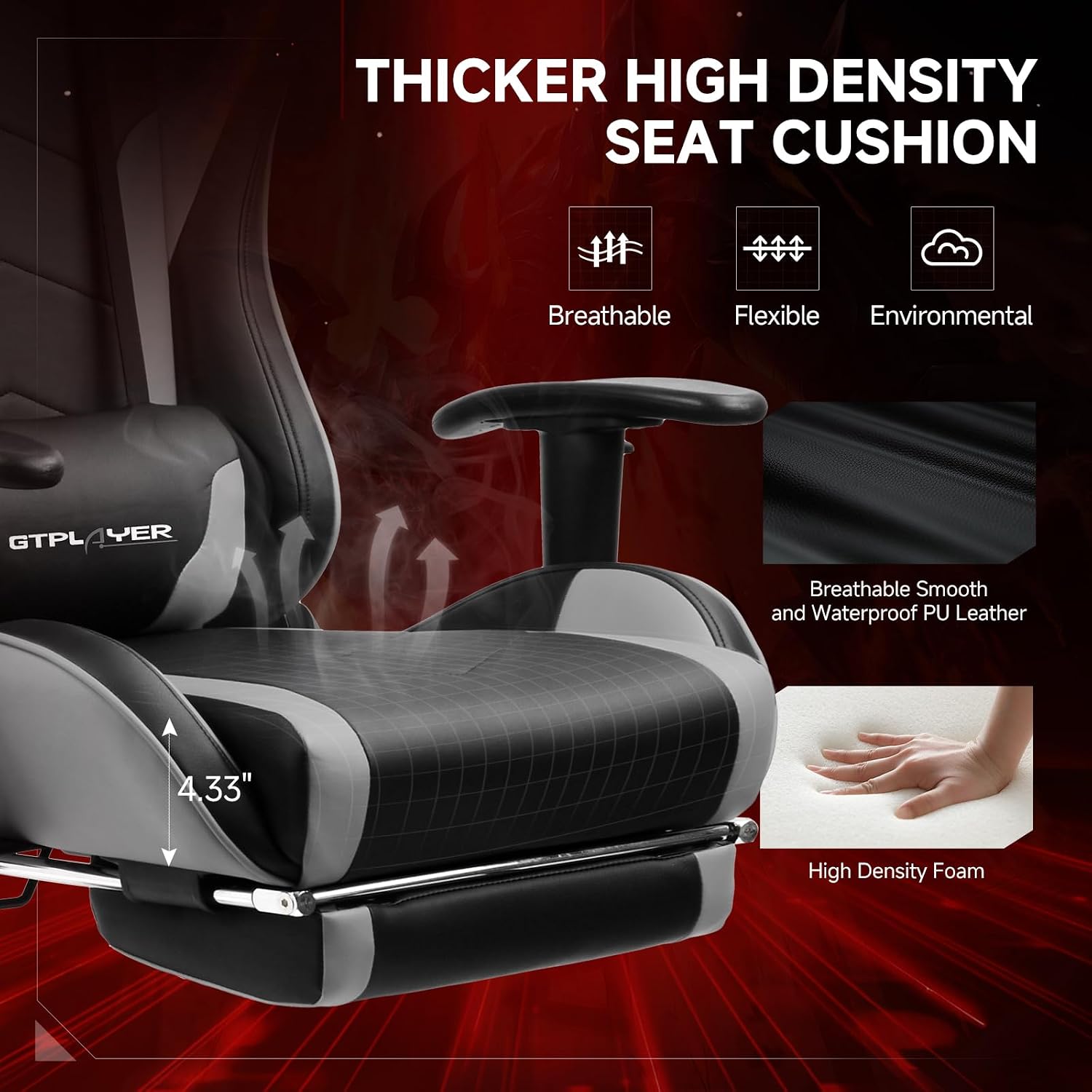 GTPLAYER Gaming Chair,Gamer Chair with Bluetooth and Adjustable Backrest,Seat Height Adjustable Computer Chairs with 3D Armrests,Video Game Chair with Footrest Speakers (Grey)