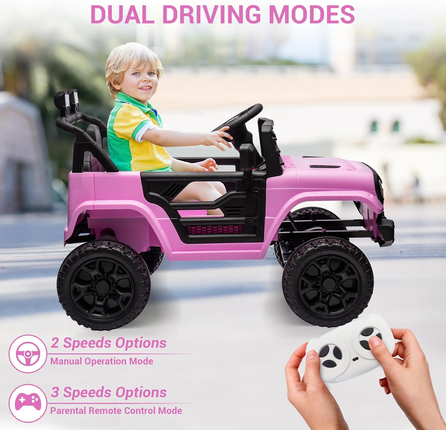 12V Ride On Car for Kids Electric Vehicle Toddlers Battery Powered Truck Car Toy with Remote Control, 4-Wheel Suspension, Battery Display, LED Lights, Music, for Boys Girls, Pink