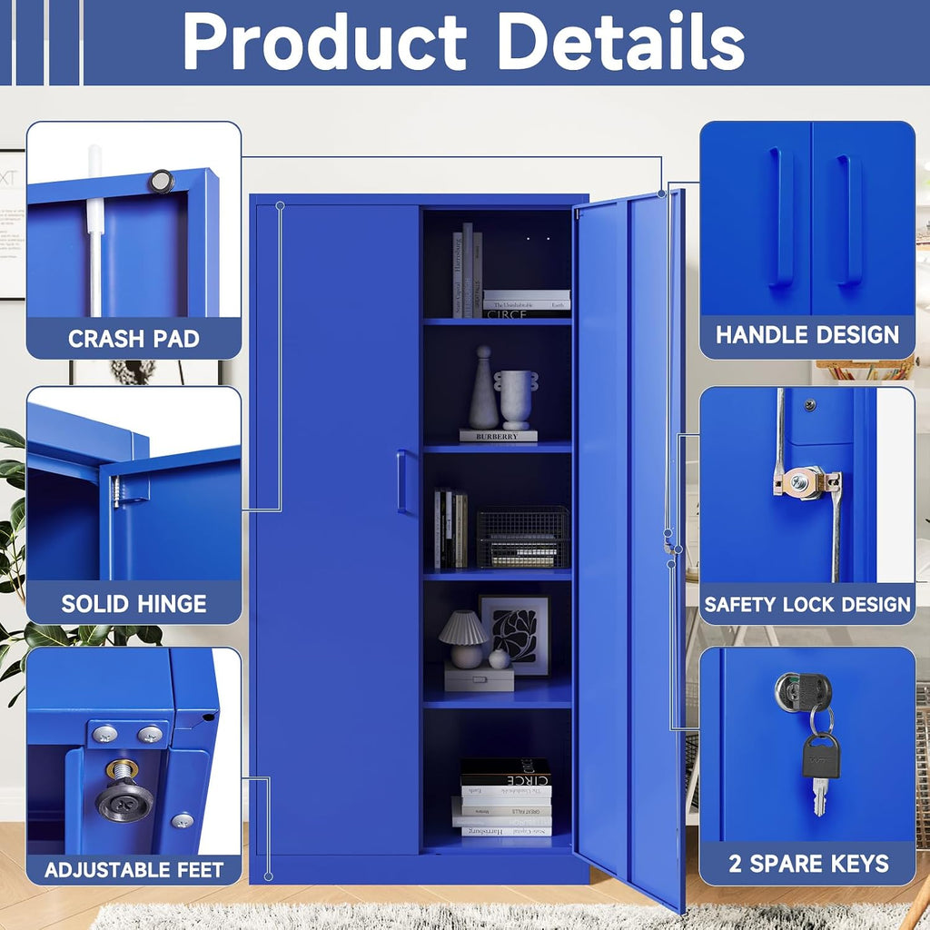 Metal Garage Storage Cabinet, 71' Locking Storage Cabinet with 2 Doors and 4 Adjustable Shelves, Lockable Metal Cabinet for Home,Garage,Gym,School（Blue）