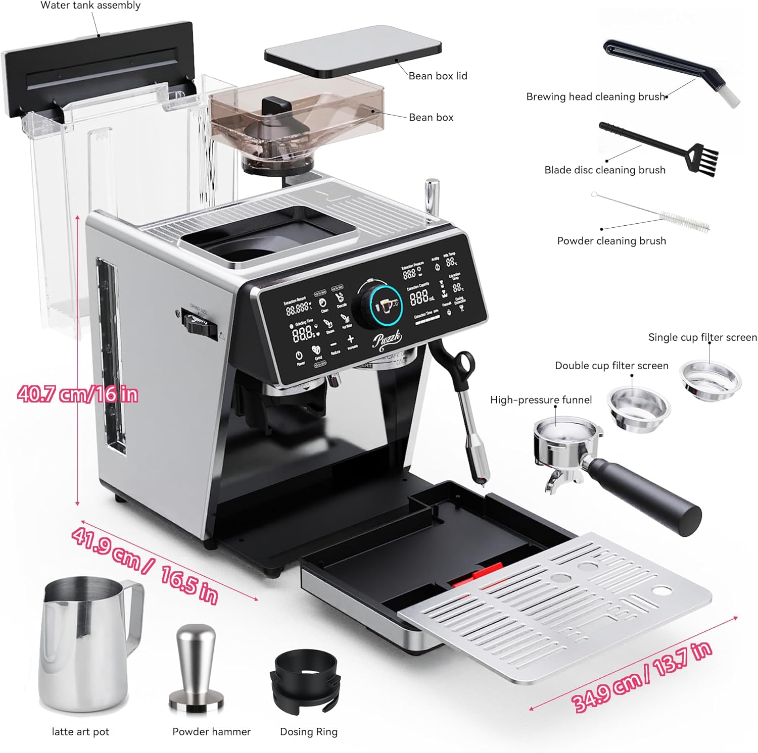 Dual Boiler Semi-Automatic Espresso Machine with Built-in Grinder, 58mm Portafilter, TFT Display & Milk Frother Steam Wand – Professional Coffee Maker for Home Barista