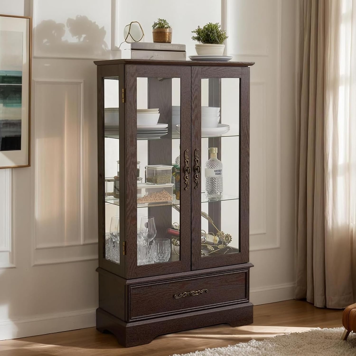 3-Tier Lighted Curio Display Cabinet, 47' H Glass Accent Storage Cabinet with Adjustable Glass Shelves & 1 Drawer, Wooden Wine Display Casewith Mirrored Back Panel for Living Room (Cherry)