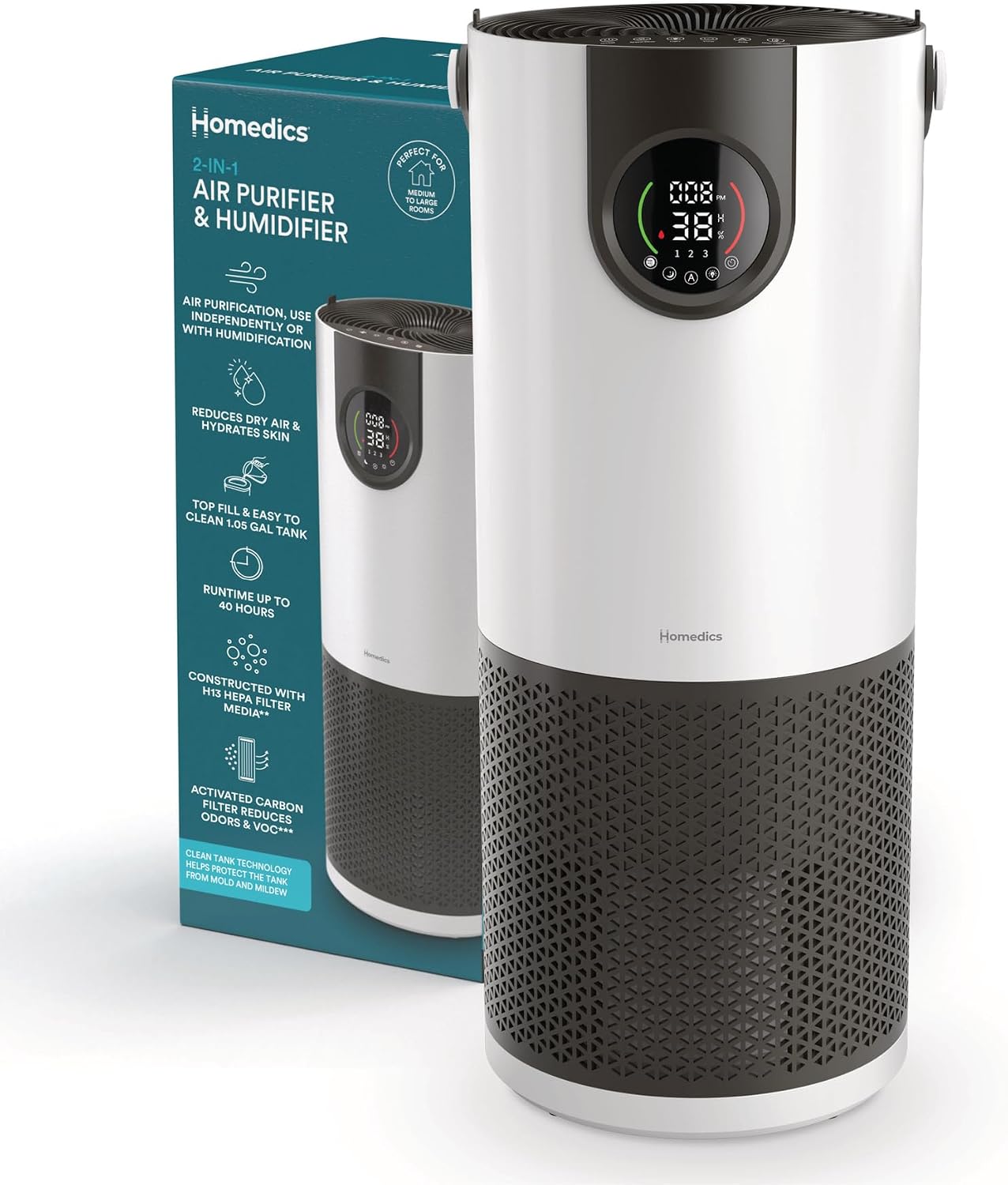 Homedics 2-in-1 Air Purifier & Evaporative Humidifier for Large Rooms HEPA Air Cleaner, Filtered Humidification, Digital Air Quality Sensor, Auto Mode, Tower Design for Home, No Visible Mist