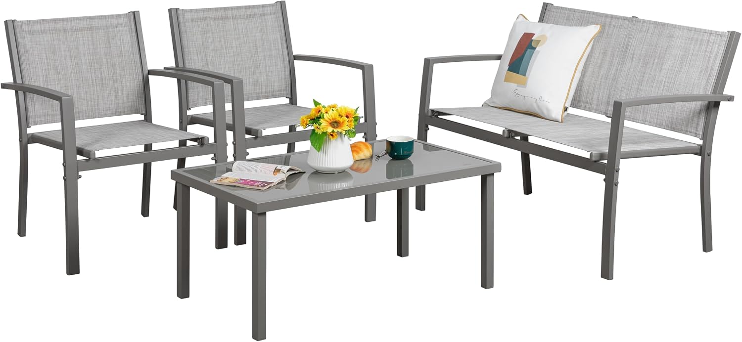Vongrasig 4 Pieces Patio Furniture Sets,Outdoor Patio Conversation Sets with Glass Coffee Table, Small Porch Balcony Furniture, Patio Table and Chairs Set for Garden, Backyard (Silver)