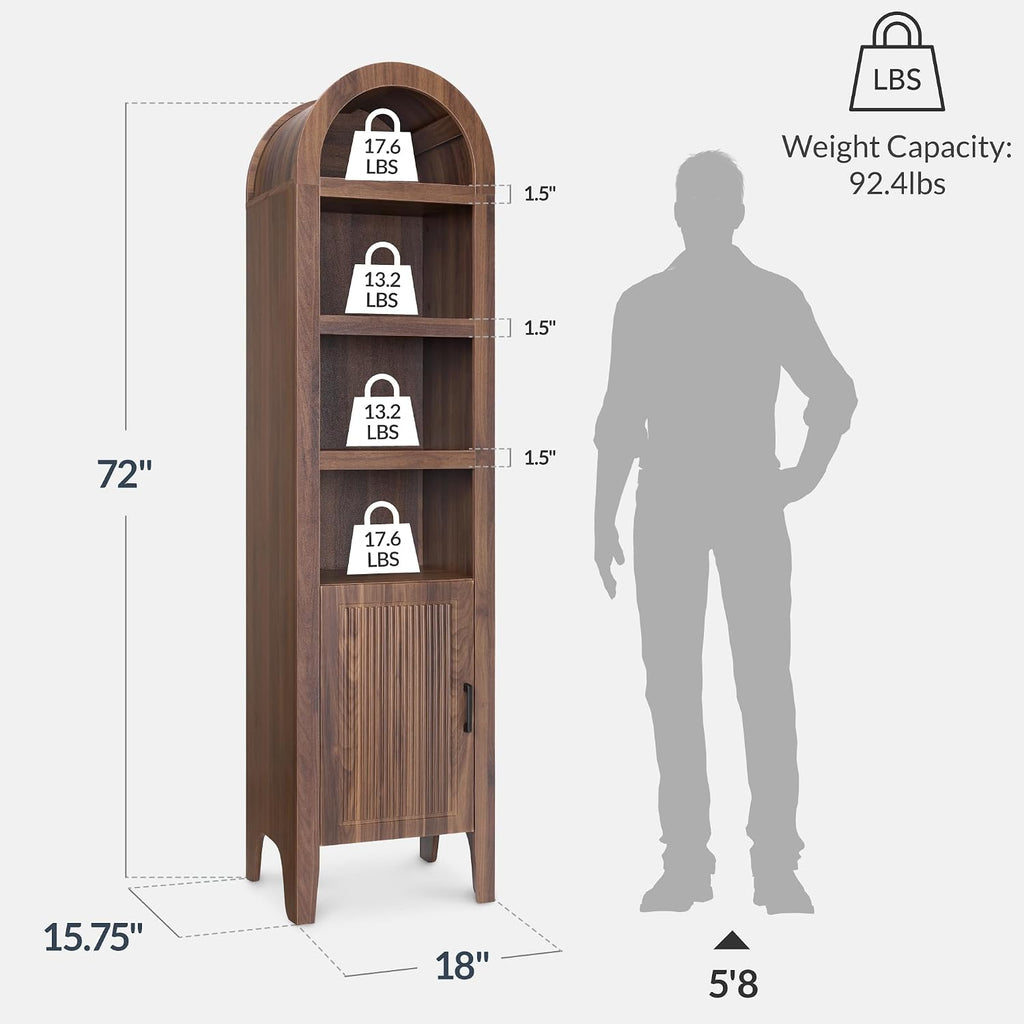 Best Choice Products 72' Tall Narrow Arched Pantry Cabinet w/Reeded Door, 4-Tier Bookshelf, Armoire, Hutch, Bookcase, Storage Cabinet w/Adjustable Shelves, for Dining Room and Livingroom - Walnut