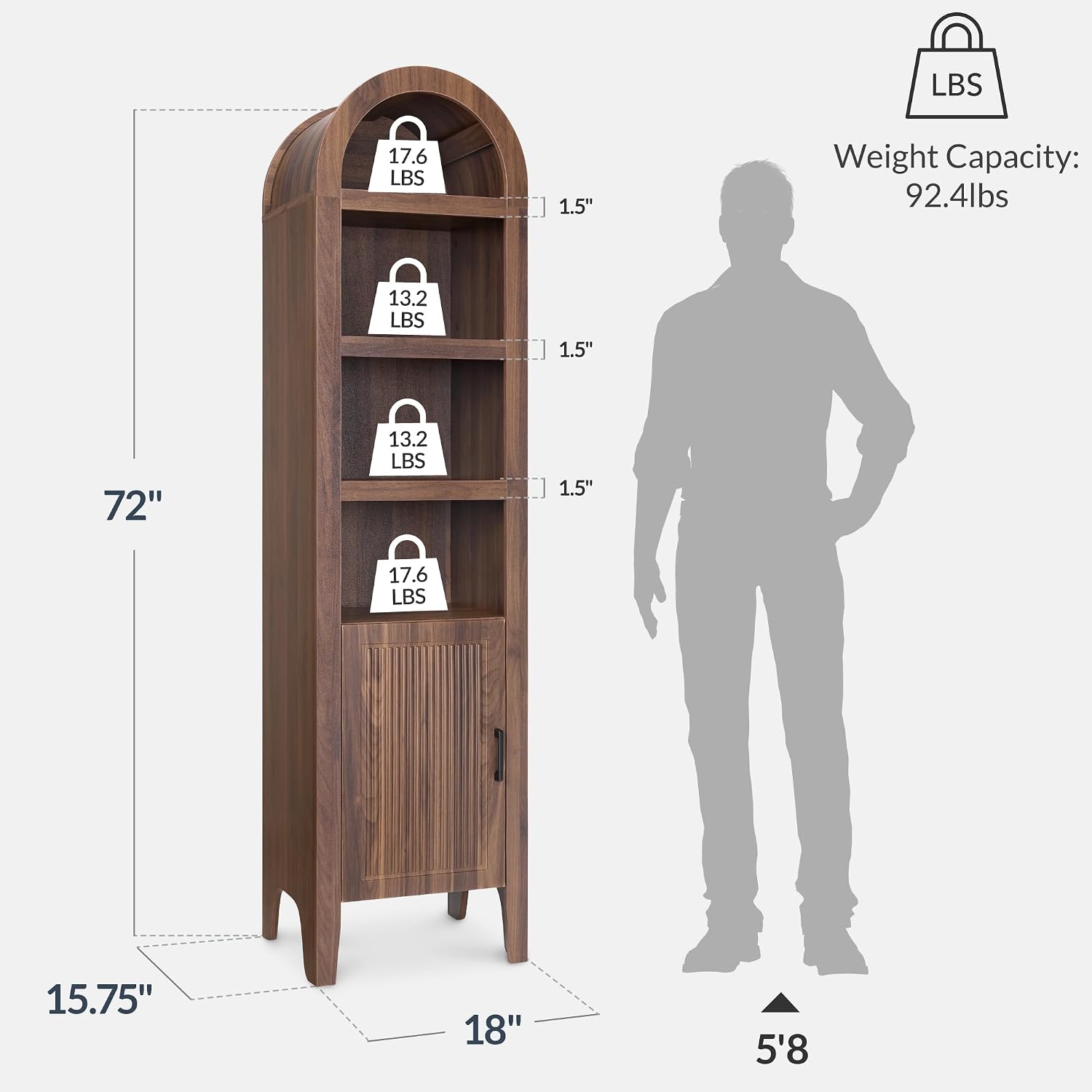 Best Choice Products 72' Tall Narrow Arched Pantry Cabinet w/Reeded Door, 4-Tier Bookshelf, Armoire, Hutch, Bookcase, Storage Cabinet w/Adjustable Shelves, for Dining Room and Livingroom - Walnut