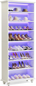 LITTLE TREE 69-Inch Tall Shoe Cabinet with LED Light Strip & Adjustable Shelves, White Wooden 8-Tier Shoes Display Cabinet for 26 Pairs, Freestanding Modern Shoe Cabinet for Entryway