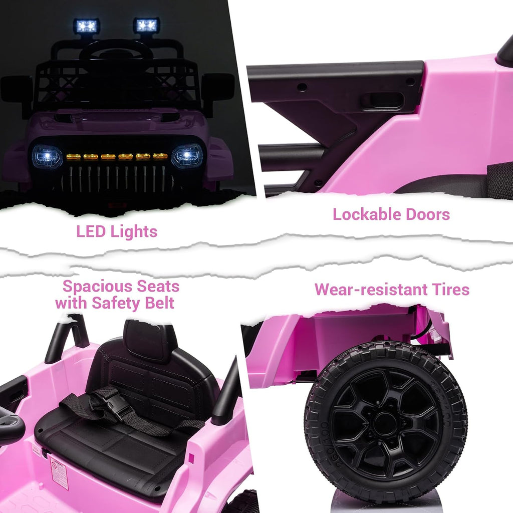 12V Ride On Car for Kids Electric Vehicle Toddlers Battery Powered Truck Car Toy with Remote Control, 4-Wheel Suspension, Battery Display, LED Lights, Music, for Boys Girls, Pink