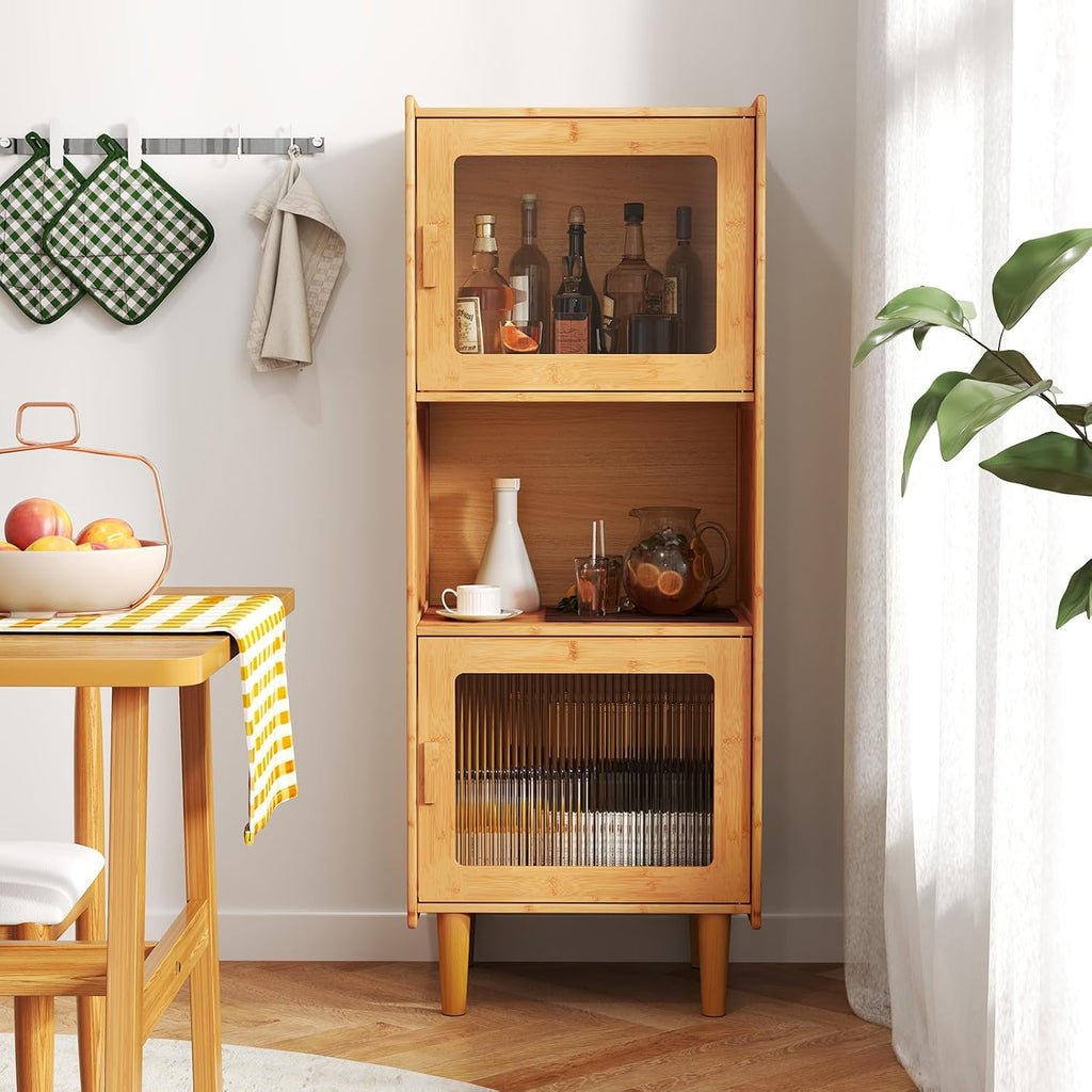 Giantex Set of 2 Bamboo Storage Cabinet, 3-Cube Bookcase, Freestanding Liquor Display Sideboard with 2 Single Doors, Corner Organizer for Living Room, Kitchen, Bathroom