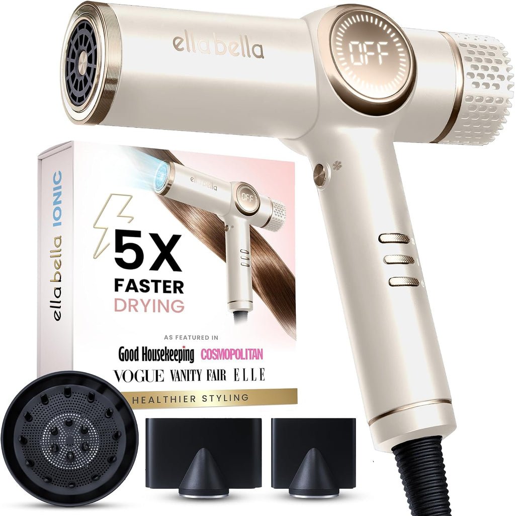 ELLA BELLA® Professional Ionic Hair Dryer with Diffuser • Negative Ion Blow Dryer • Suitable All Hair Types • Intelligent Heat Control & Rapid Drying Speeds • Lightweight Design • Low Noise Technology