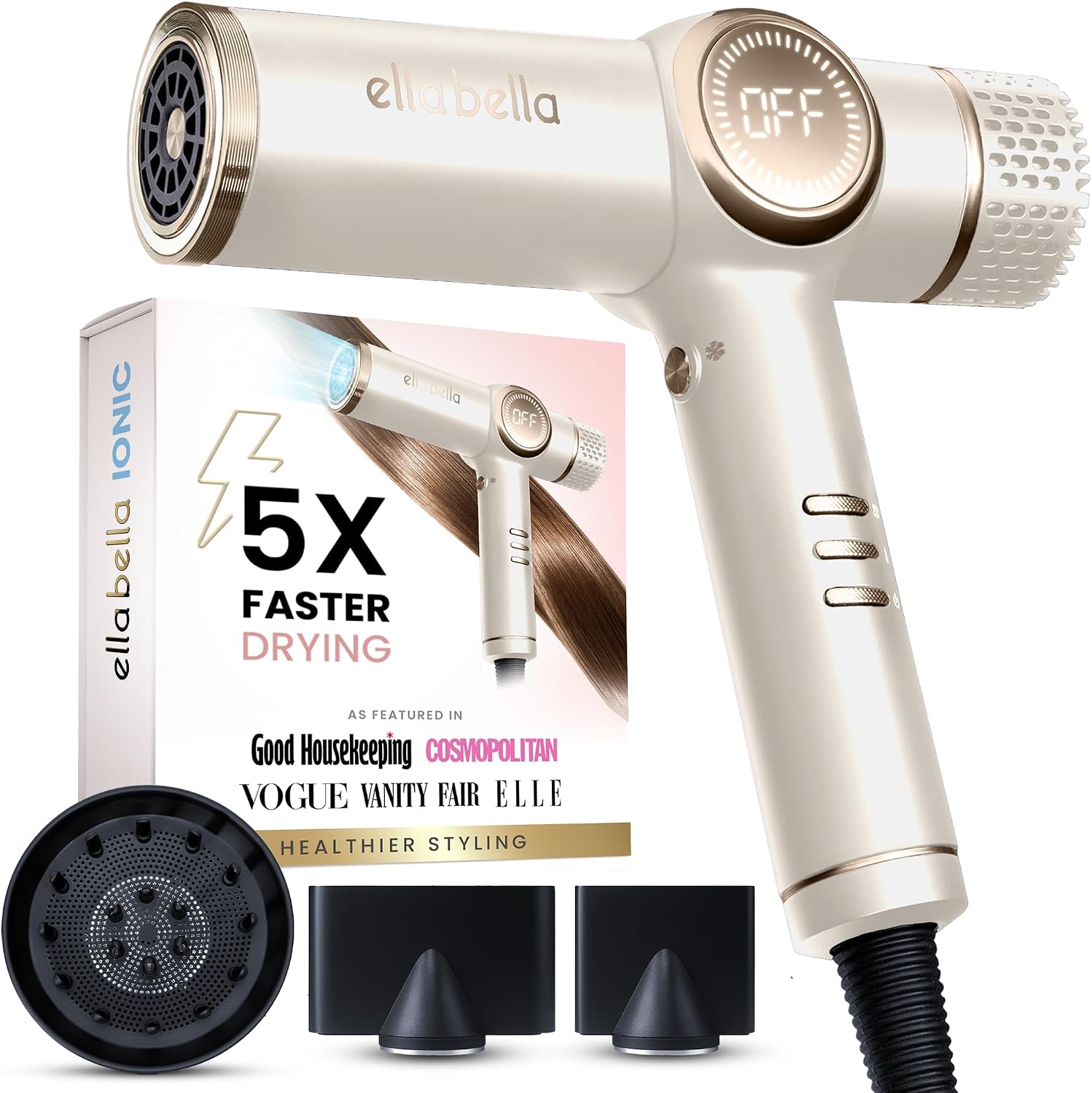 ELLA BELLA® Professional Ionic Hair Dryer with Diffuser • Negative Ion Blow Dryer • Suitable All Hair Types • Intelligent Heat Control & Rapid Drying Speeds • Lightweight Design • Low Noise Technology