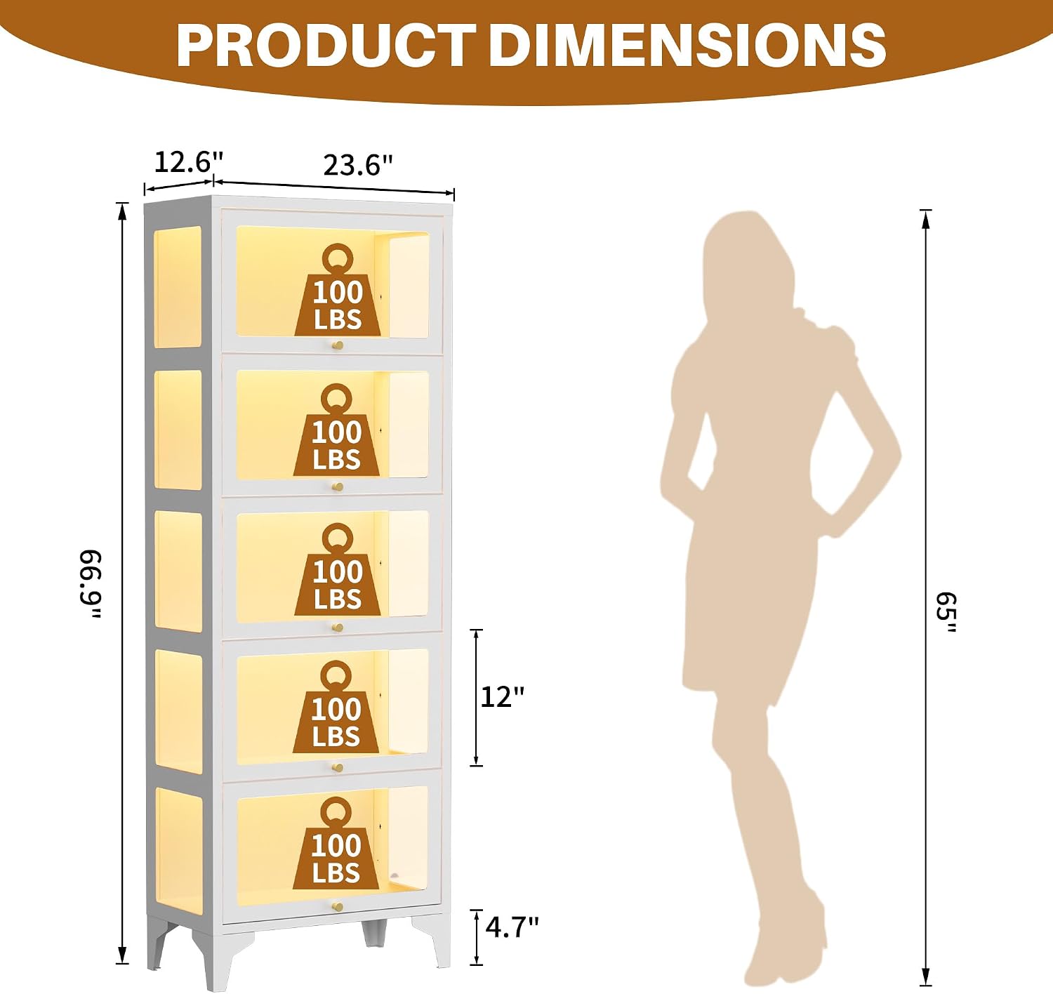5 Tier Glass Display Cabinet with Flip-Up Doors, 67' Curio Cabinet with 13-Color LED Lights, 3-Side Tempered Glass Display Case for Books, Collectibles, Figures, White