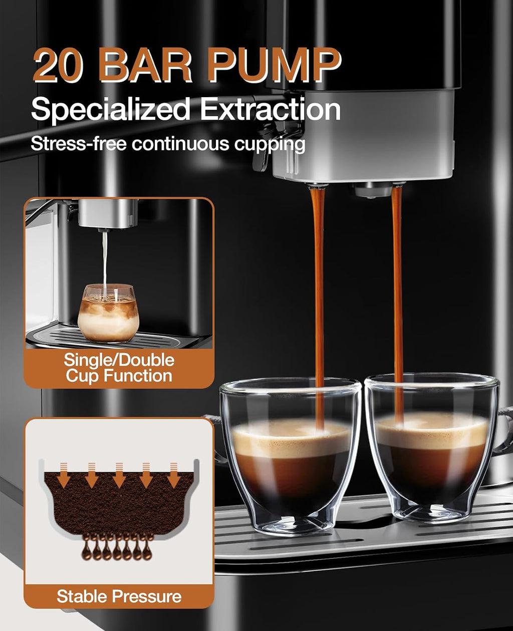 GarveeTech Fully Automatic Espresso Machine, Espresso & Coffee Machine with Automatic Milk Frother, Built-In & Adjustable Espresso Bean Grinder, Touch Screen Coffee Machine with 1.5 L Water Tank