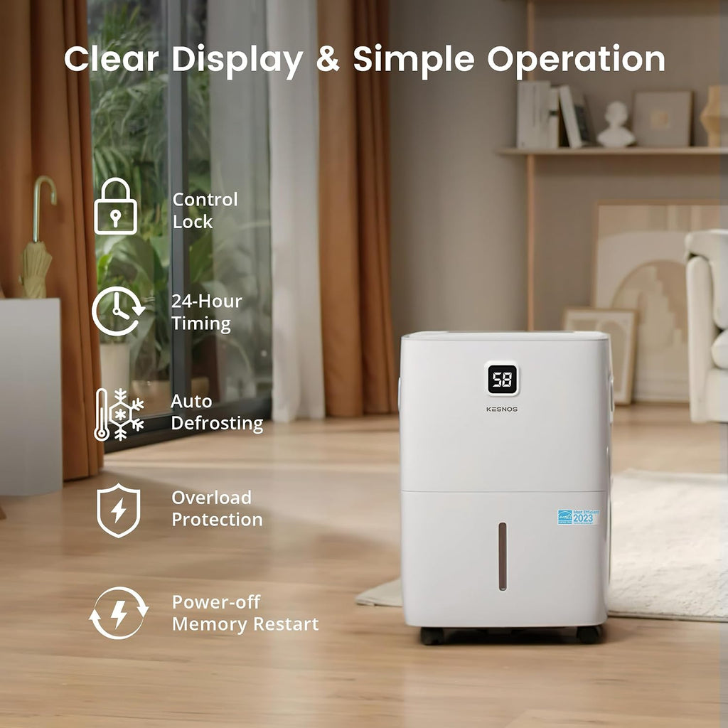 Kesnos 6,000 Sq. Ft. 80 Pints Energy Star Dehumidifier for Home & Basement with Drain Hose, Front LED Display and 1.06 Gal Water Tank, Auto Defrost, Timer