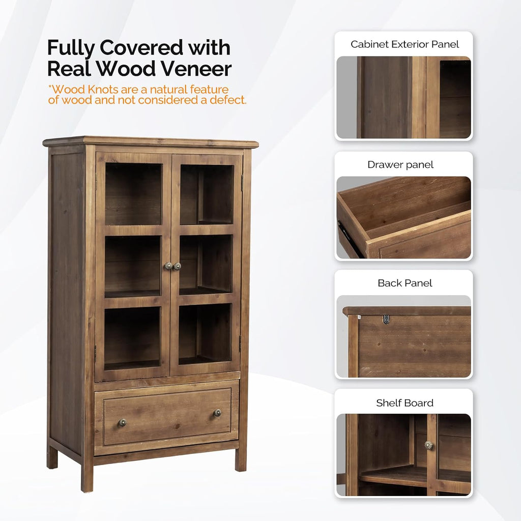 VINGLI Rustic Storage Cabinet with Glass Doors & Drawer, Solid Wood Leg, Walnut Finish Showcase