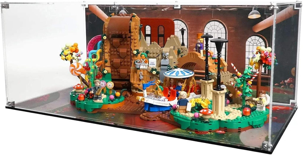 Display Case Compatible with LEGO Ideas 21360 Willy Wonka and the Chocolate Factory – UV-Printed Background and Base, Dustproof Acrylic Showcase, Set Not Included