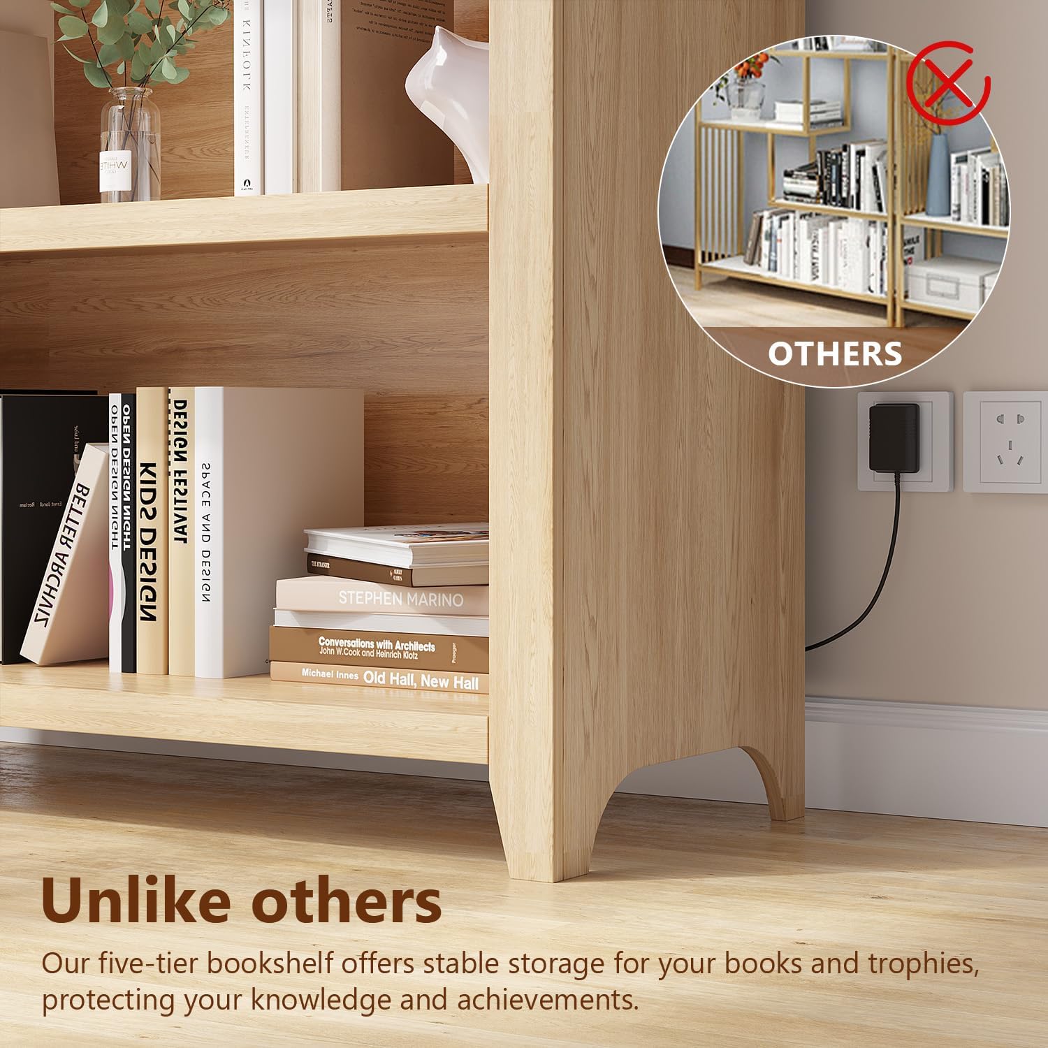 Arch Bookcase - 5 Tiers Bookshelf with 3 Colors LED Sensor Lights and Thickened Wooden Design Display Shelf for Lego Books Bathroom Living Room - Ideal Gift (Wood)