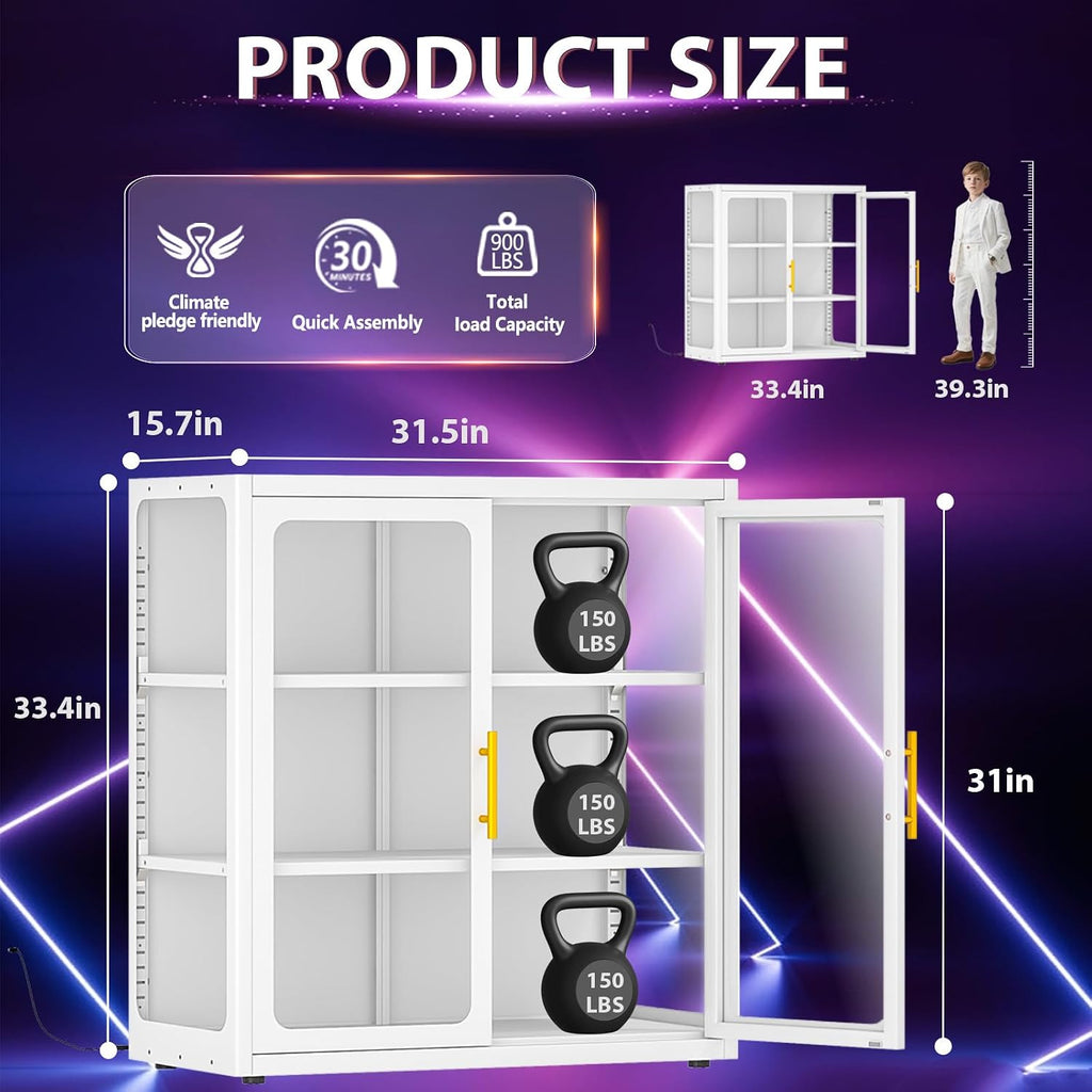GAIOUS Display Cabinet with Glass Door, 3 Tier Metal Curio Cabinet with LED Lights for Collectibles, 2 Adjustable Shelves, Glass Display Case for Book/Medal/Figure, Showcase Storage Cabinets, White