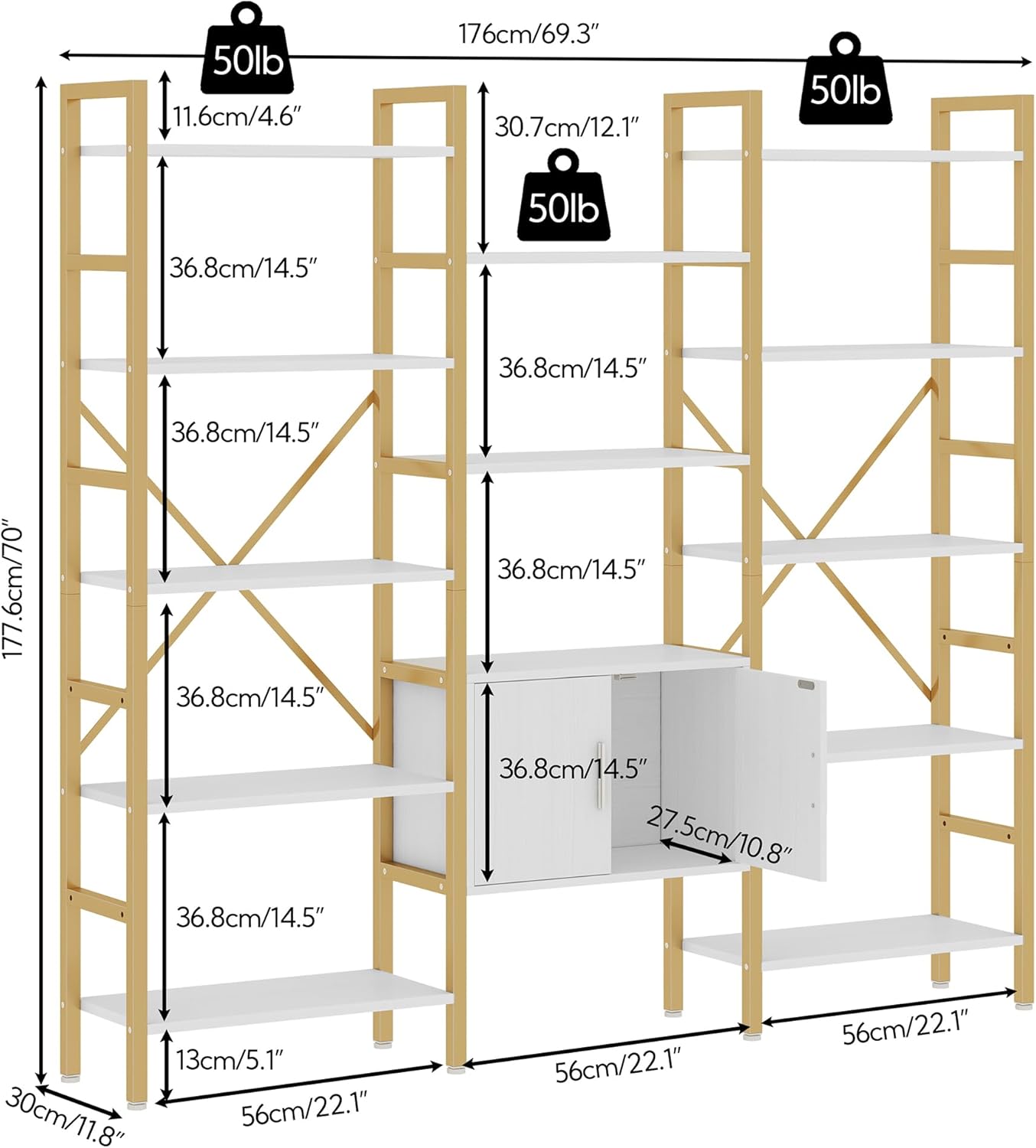 Yusong Bookshelf Triple Wide 5 Tier Bookcases with Storage Cabinet, Industrial Large Modern Tall Bookshelves with 12 Open Display Shelves for Living Room Office Bedroom, White and Gold