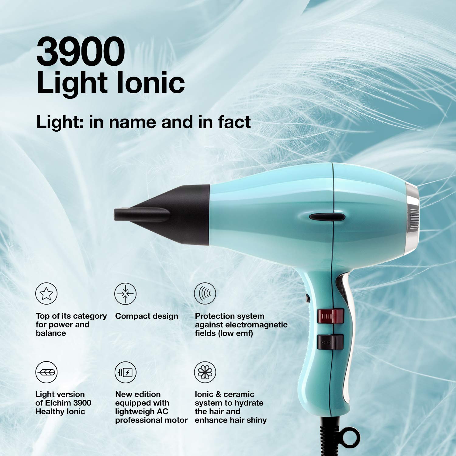 Elchim 3900 Light Ionic Hair Dryer, Light Blue