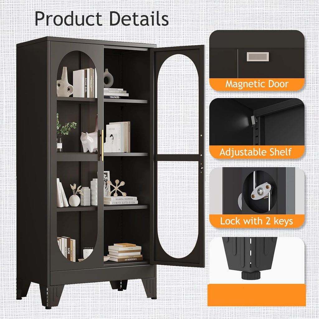PAOFIN 61' H Locking Display Cabinet with Glass Door, Metal Cabinets with 3 Adjustable Shelves, Cabinet Display Case for Living Room, Collectibles, Clinic, Home - Assembly Required Black