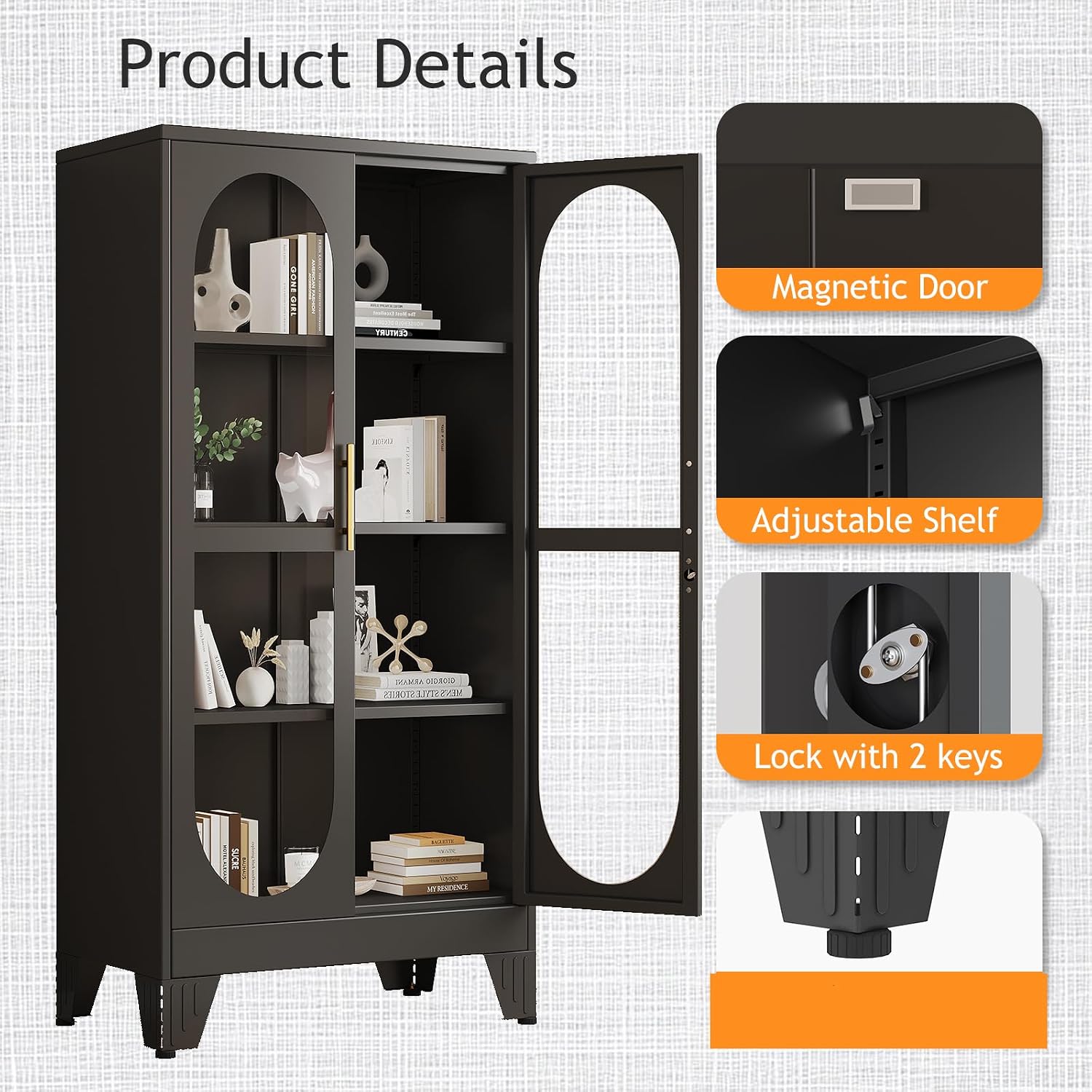 PAOFIN 61' H Locking Display Cabinet with Glass Door, Metal Cabinets with 3 Adjustable Shelves, Cabinet Display Case for Living Room, Collectibles, Clinic, Home - Assembly Required Black