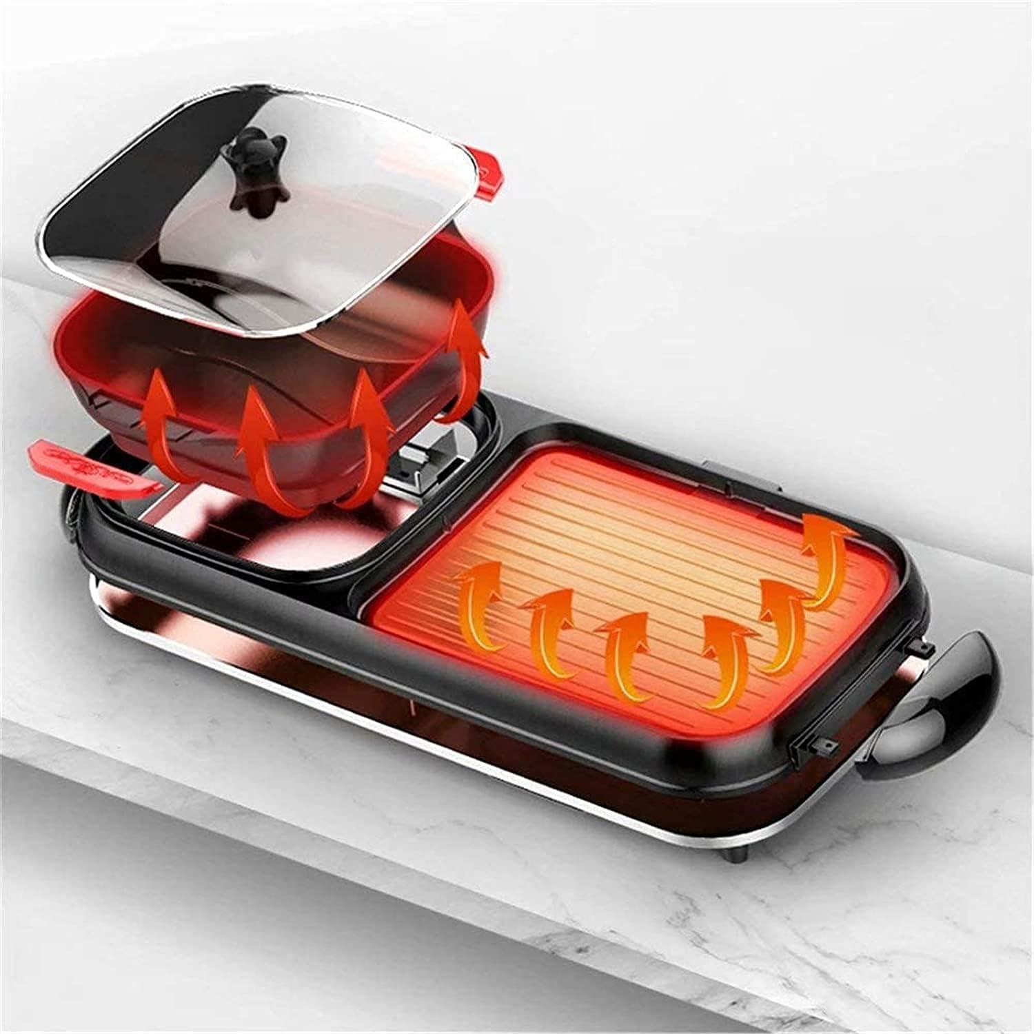Electric Grill Indoor Electric Grill Indoor Hot Pot Multifunctional Indoor Teppanyaki Grill Shabu Pot with Divider - Separate Dual Temperature Contral,Black,74 * 35Cm,Portable Nonstick Gr
