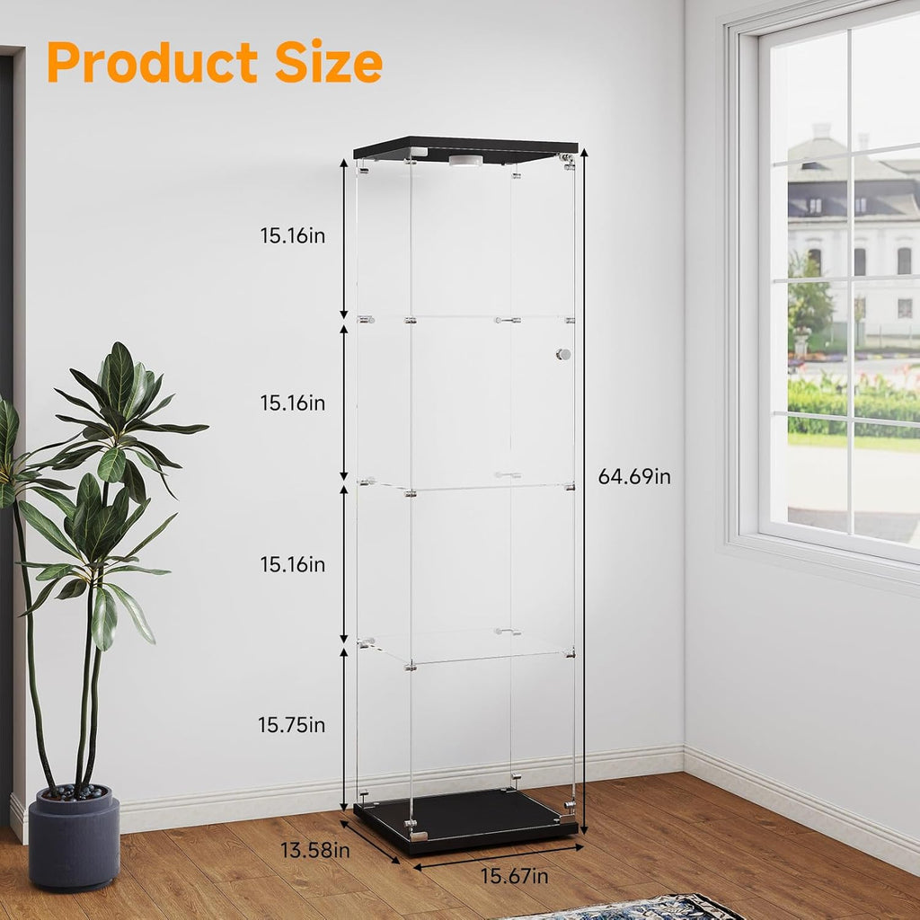 Zevemomo Tempered Glass Display Cabinet with Lights, 4-Tier Curio Cabinet with Glass Doors and Lock, Glass Display Case for Collectibles, for Living Room, Bedroom, Office, Single Door, Black