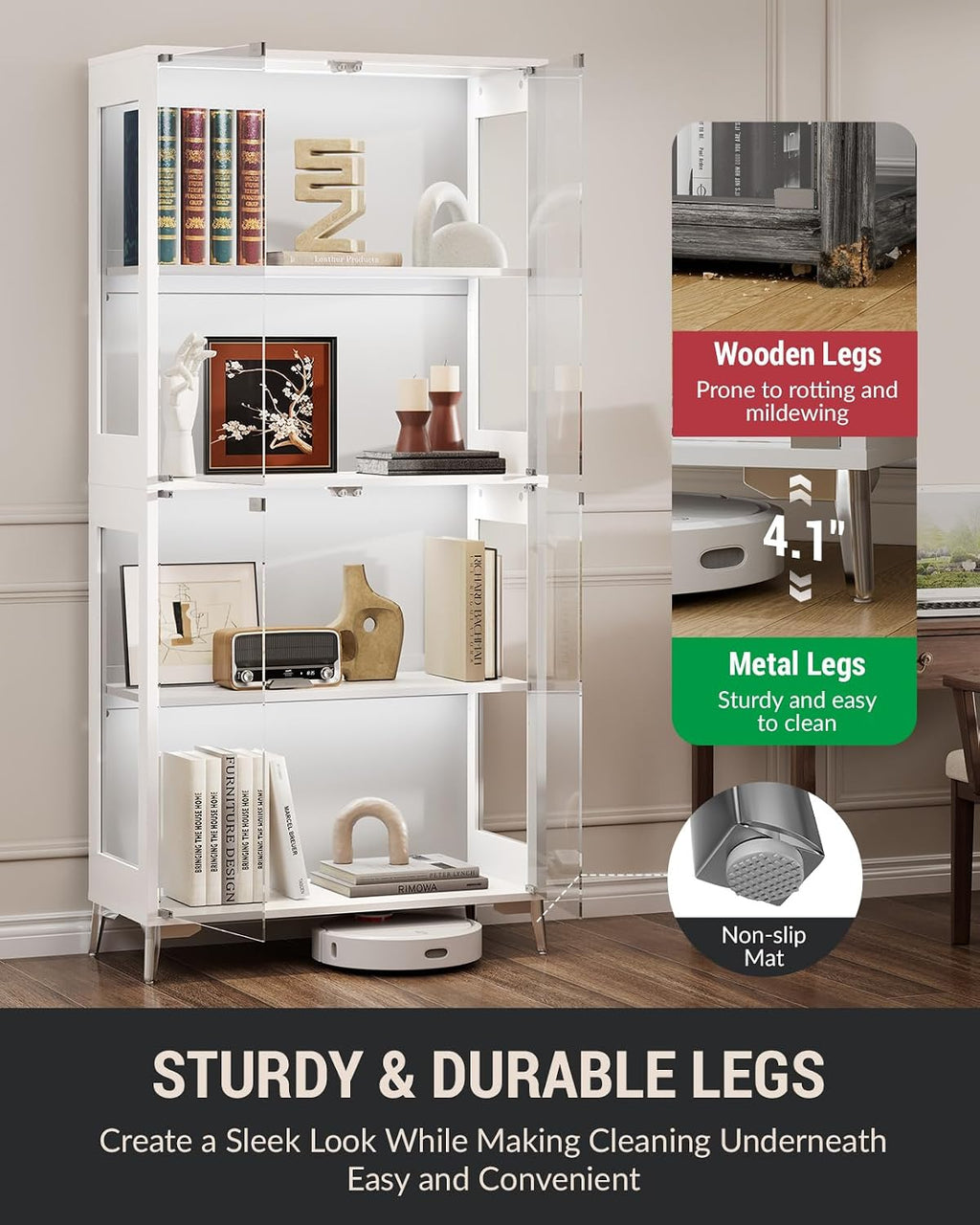 Display Cabinet with Glass Doors, 4-Tier Curio Cabinet, Adjustable Shelves, 60,000 Color Lights for Collectibles, Glass Display Case with App & Remote Control, Bookcase, Storage Cabinet, White