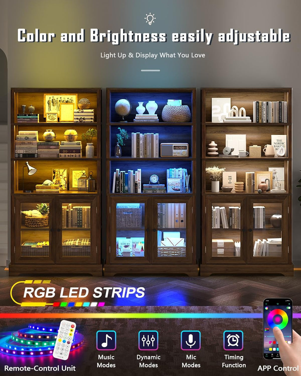 TVU 5-Tier Bookshelf, 65' Bookshelf with Multi-Color Ambient Lights (APP Remote Control), Tall Display Shelf with Cabinet Doors, Suitable for Living Room, Bedroom, Study, Office, Rustic Brown