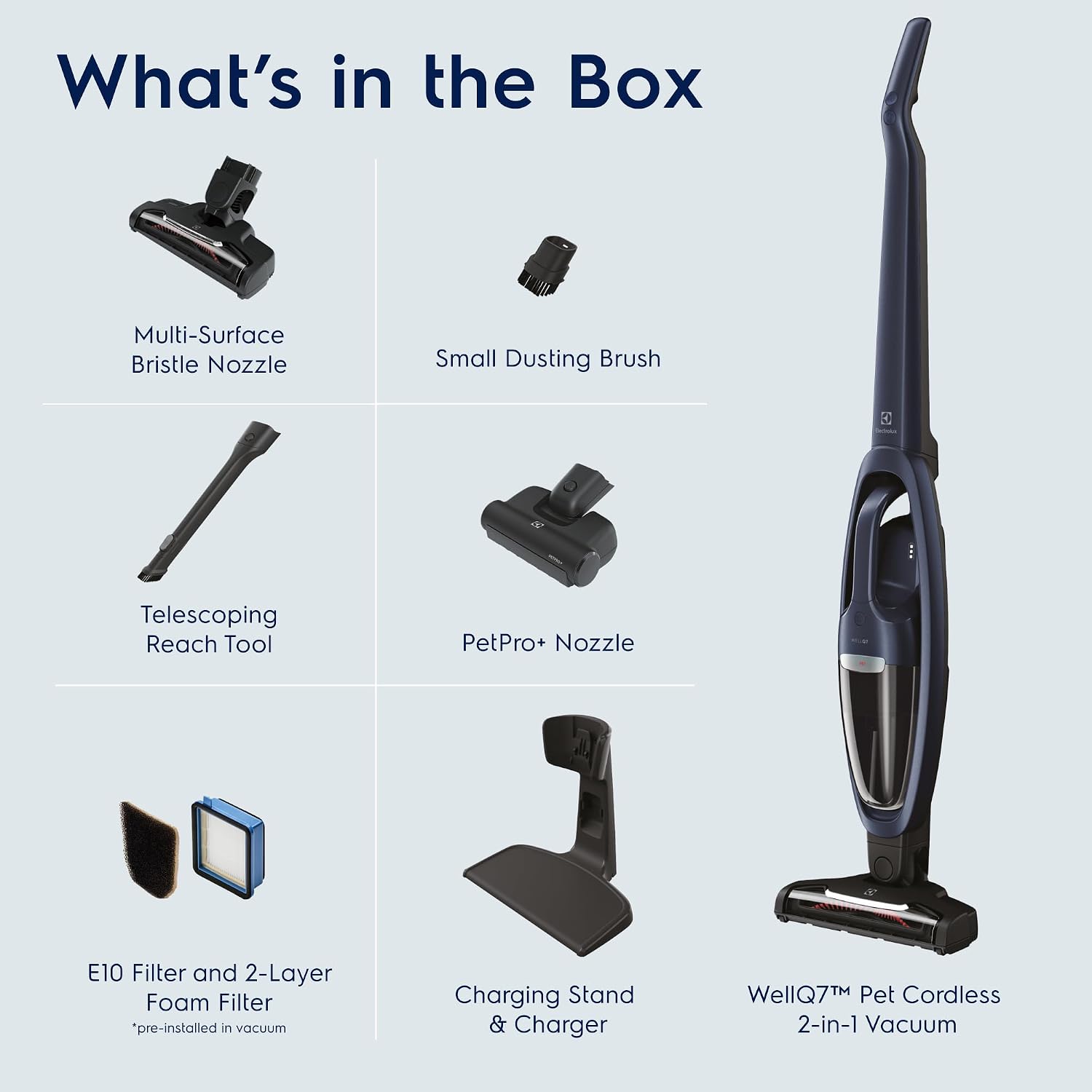 Electrolux WellQ7 Pet Cordless 2-in-1 Vacuum Cleaner with Motorized PetPro+ Nozzle for Easy Pet Hair Removal, 50-Minute Run Time, 2 Power Modes, Indigo Blue