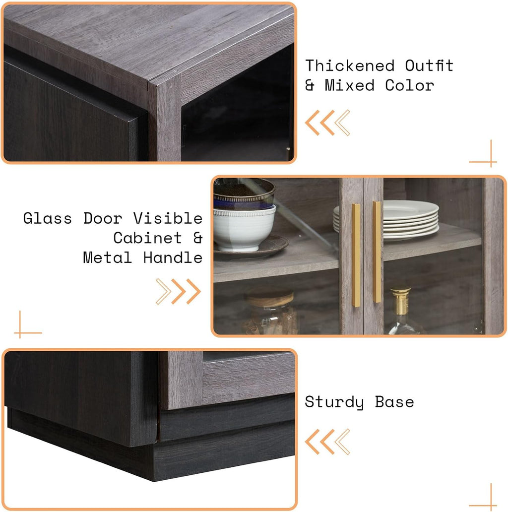 AMERLIFE Sideboard Buffet Cabinet with LED Lights, Mixed Color Accent Cabinet with Glass Doors and Adjustable Shelf, Hallway Storage Cabinets Console Table for Living Room, Dining Room, Black and Gray