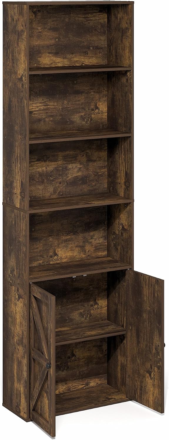 Furinno Jensen Book Shelf, 6-Tier Farmhouse Bookshelf, Display Bookcase with Doors, 9.2' x 21.6' x 71.2', for Organization and Storage, for Living Room, Bedroom, Home Office, Amber Pine