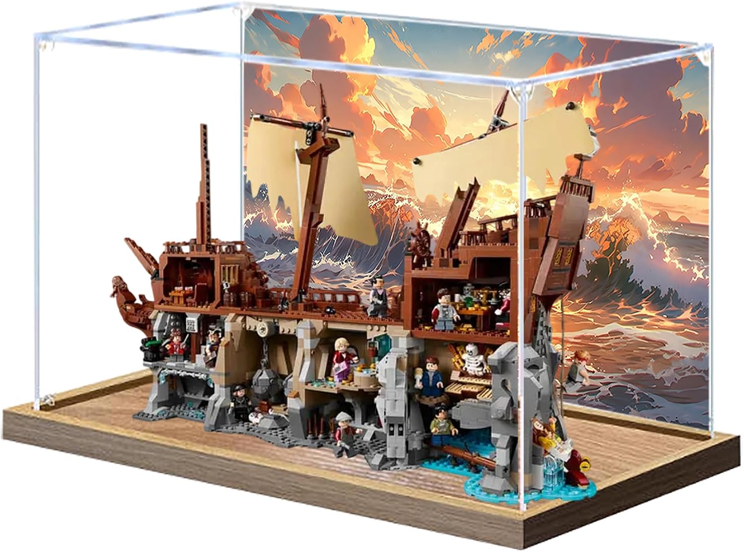 Acrylic Display Case for Lego 21363 The Goonies Pirate Ship Building Set– Dustproof Display Box, Display Box Compatible with Lego 21363-Only Display case (Back Spray Wooden Base 3)