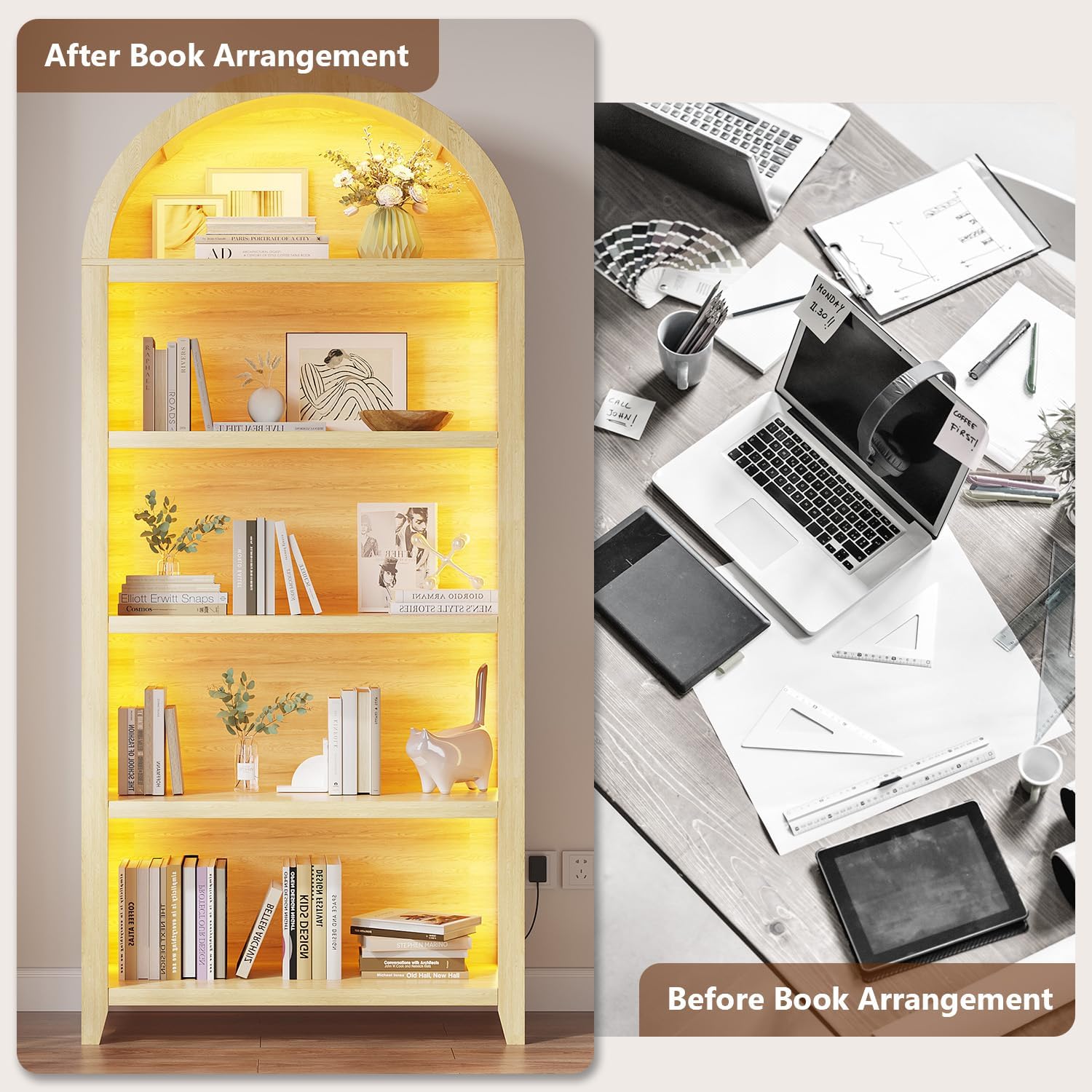 Arch Bookcase - 5 Layers Bookshelf with 3 Colors LED Sensor Lights and Thickened Wooden Design Display Shelf for Lego Books Bathroom Living Room - Ideal Gift (Light Wood)