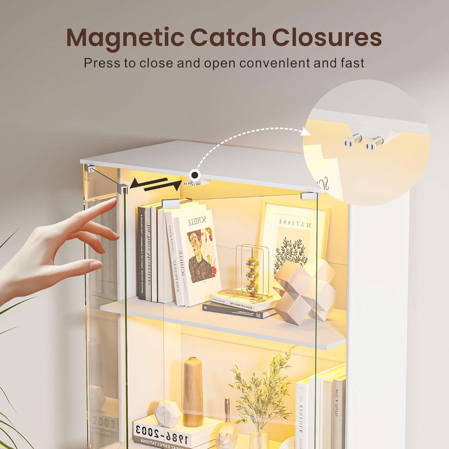 Display Cabinet with Glass Door,Lighted 4-Tier Curio Cabinet with3 Color Lights for Collectibles Bookcases,66' Lockable Display Case with Human Body Sensor,White