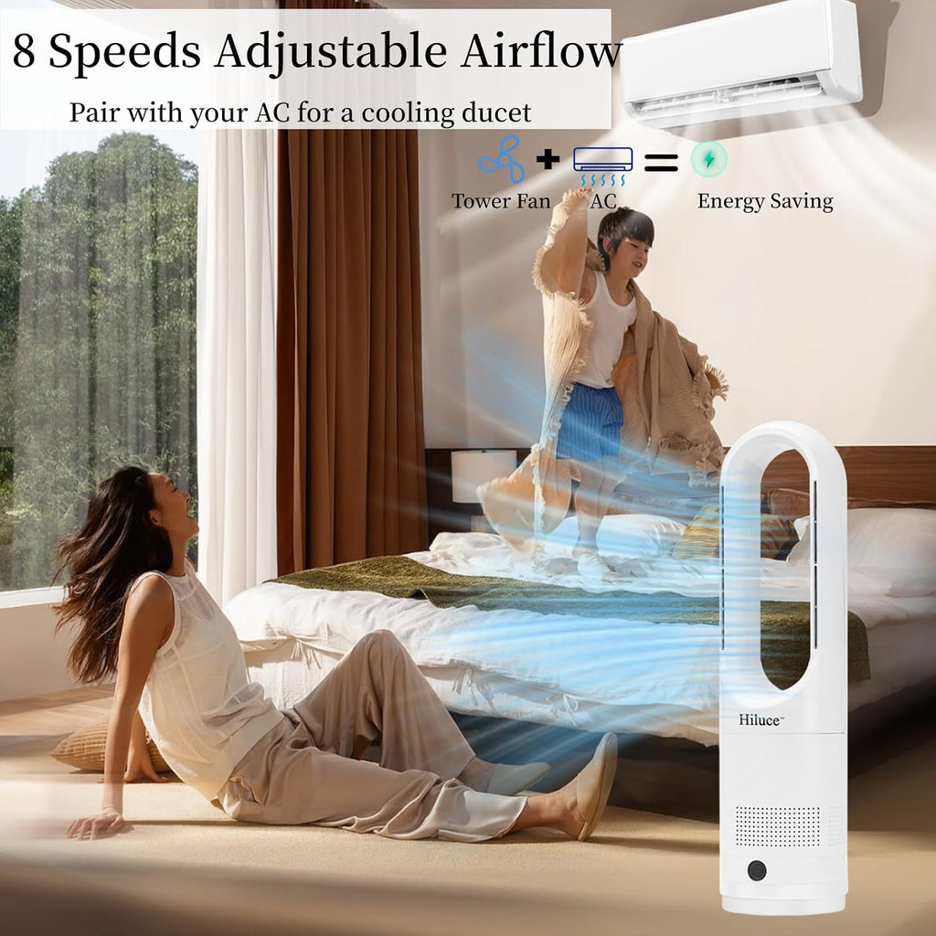Hiluce All Season Bladeless Fan, 1400W Space Heater & 40W Tower Fan Combo with Remote,25dB Quiet Heater Fan Combo,90° Oscillation,8 Speeds, 9H Timer,Fast Safety Heat for Bedroom, Kitchen, Office 22'