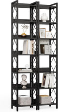 LITTLE TREE Book Shelf Set of 2, 7-Tier Tall Bookcase, Wooden Display Shelves with Metal Frame for Living Room, Modern Narrow Standing Bookshelves for Bedroom, Black Office Shelf for Small Spaces