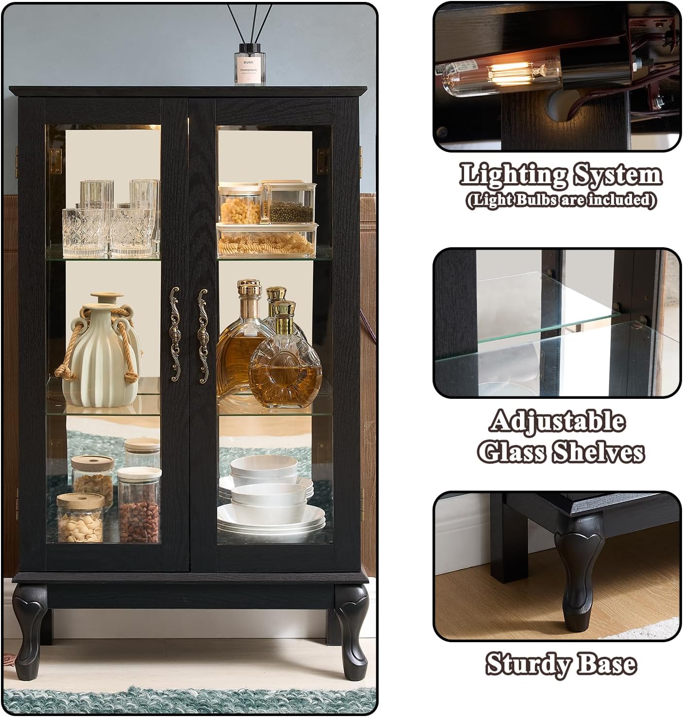 43' H Lighted Wooden Curio Cabinet, Freestanding Glass Display Case with Tempered Glass Door, Adjustable Shelves and Mirrored Back Panel, Decorative Storage Cabinet for Living Room (Black)