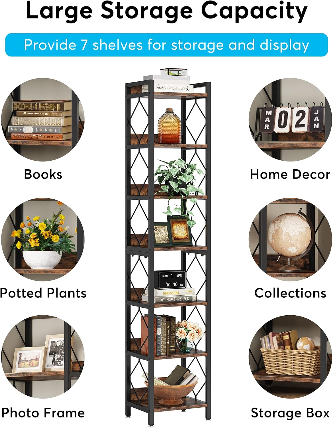 Tribesigns 78.7 Inch Extra Tall Narrow Bookshelf, 7 Tier Skinny Bookcase for Small Spaces, Freestanding Display Shelves, Multifunctional Corner Storage Organizer for Home Office, Rustic Brown