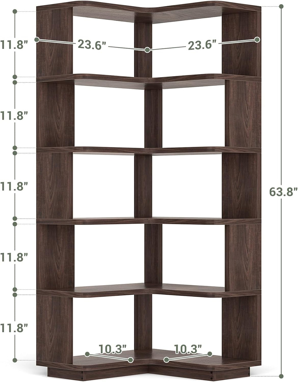 Armocity Corner Book Shelf - 6-Shelf Corner Bookshelf Etagere Bookcase with Baffle, Freestanding L Shaped Display Shelf Stand for Home Office, Living Room, Bedroom, Kitchen, Black Walnut