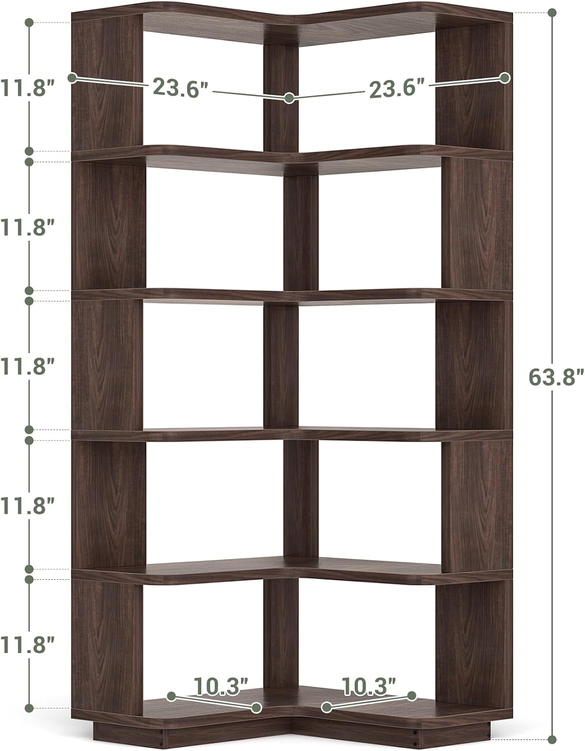 Armocity Corner Book Shelf - 6-Shelf Corner Bookshelf Etagere Bookcase with Baffle, Freestanding L Shaped Display Shelf Stand for Home Office, Living Room, Bedroom, Kitchen, Black Walnut