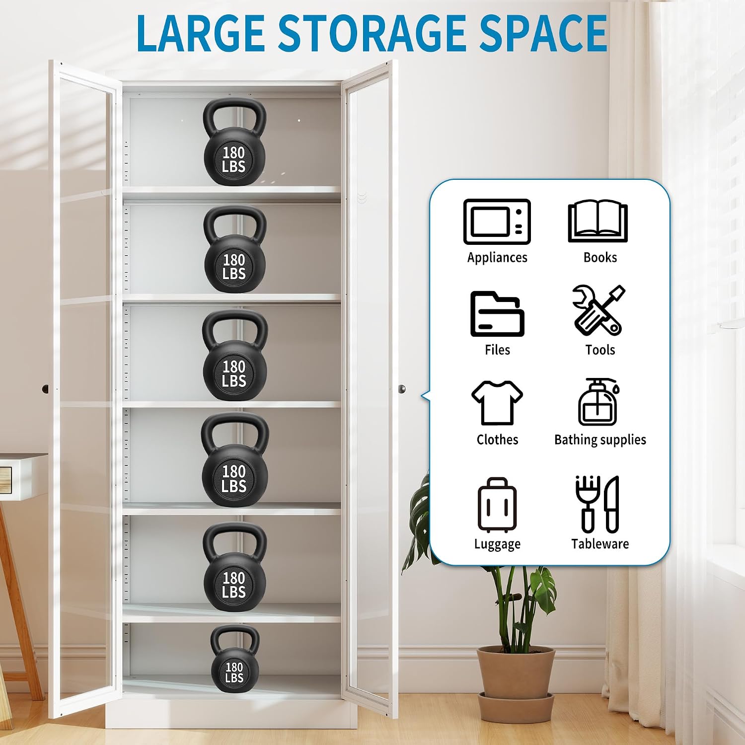 Full Glass Door Steel Pantry Cabinet 71' Tall Metal Kitchen Storage Organizer with Adjustable Shelves, Double Glass Doors Storage Cabinet for Kitchen, Dining Room, Garage, Assembly Required