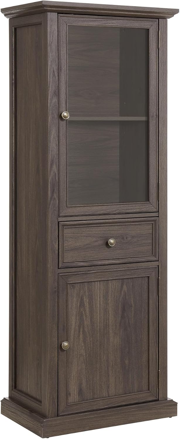65' Tall Bookcase with Tempered Glass Door, Elegant Freestanding Display Cabinet with Drawer, Modern Wooden Kitchen Pantry Storage Cabinets for Living Room/Office(Brown)