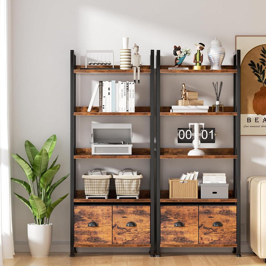 Furologee 5-Tier Bookshelf Set of 2,Tall Bookcase with 2 Drawers and Shelves, Industrial Display Free Standing Shelf Units, Storage Rack Organizer for Bedroom, Living Room, Home Office, Rustic Brown